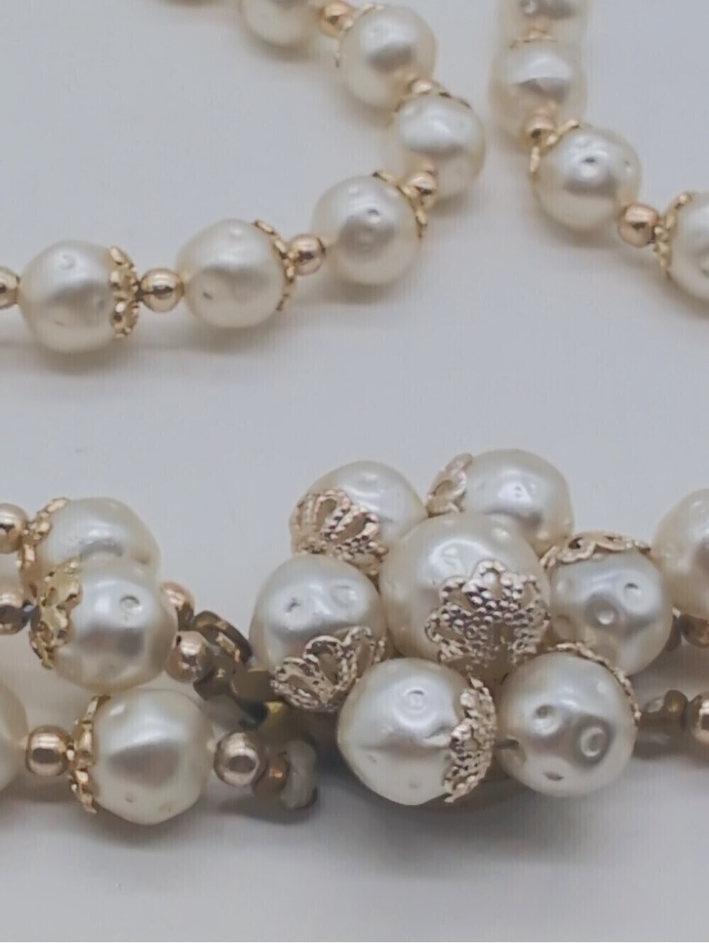 Vintage Faux Pearl Trio-Strand Necklace with Floral Clasp Japan 17" Filigree - Picture 3 of 6